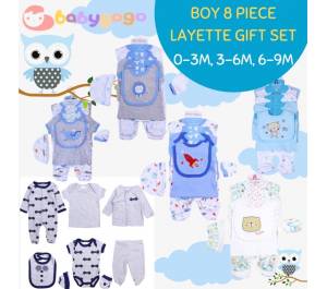 ￼Baby Boys 8 Piece Layette Set Gift Set Romper Jumpsuit Cardigan Hat Bib Mittens